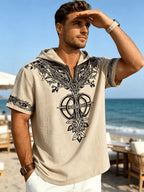 Western Retro Men'S Hooded Short Sleeve Shirt Thin Breathable Totem Print Half-Button Loose Casual Beach Vacation Men'S Clothing - Apricot