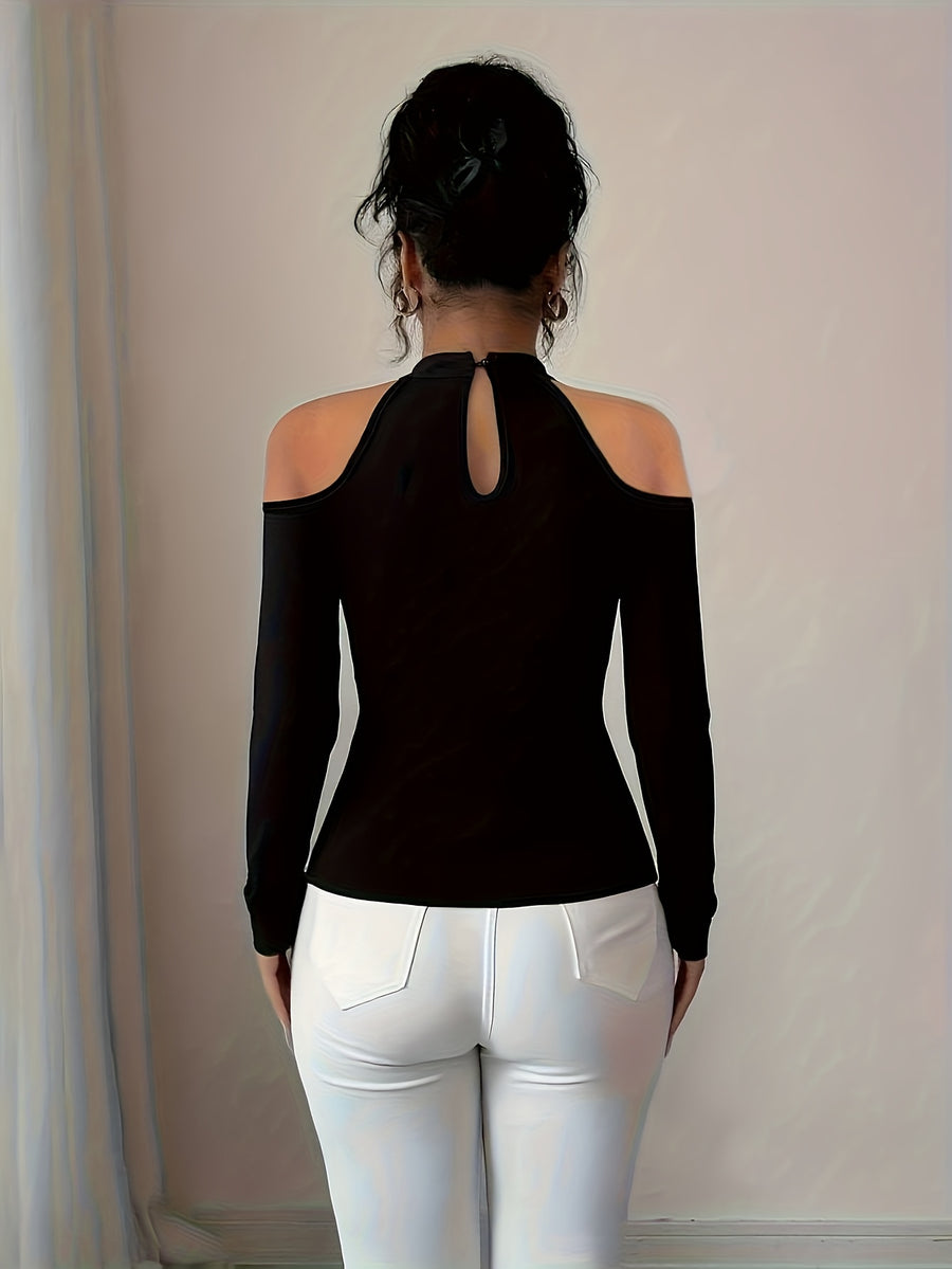 Autumn And Winter New Hollow Out Off-Shoulder Applique Pleated Curved Hem Slim Fit Versatile Top - Black