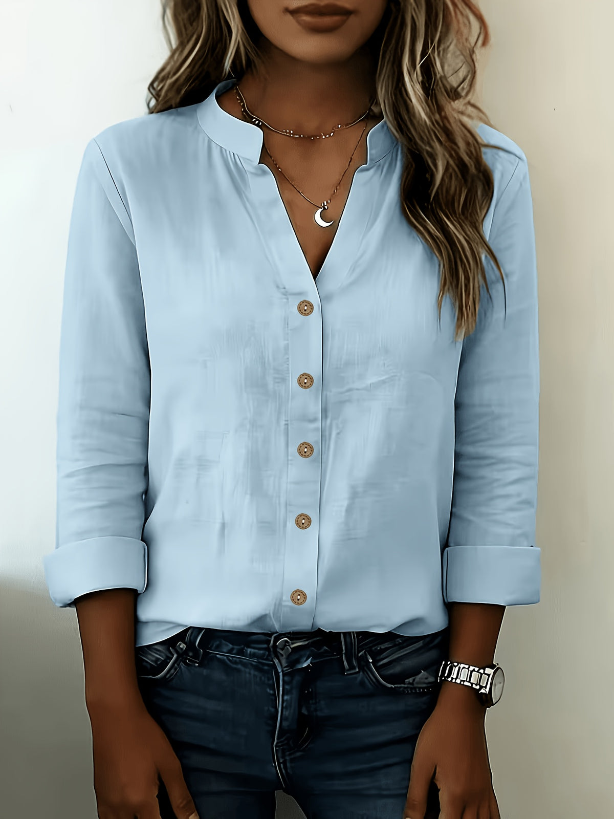 According ToFashionable V-neck Bamboo-joint Style Women's Long-sleeved Shirt - Light Blue