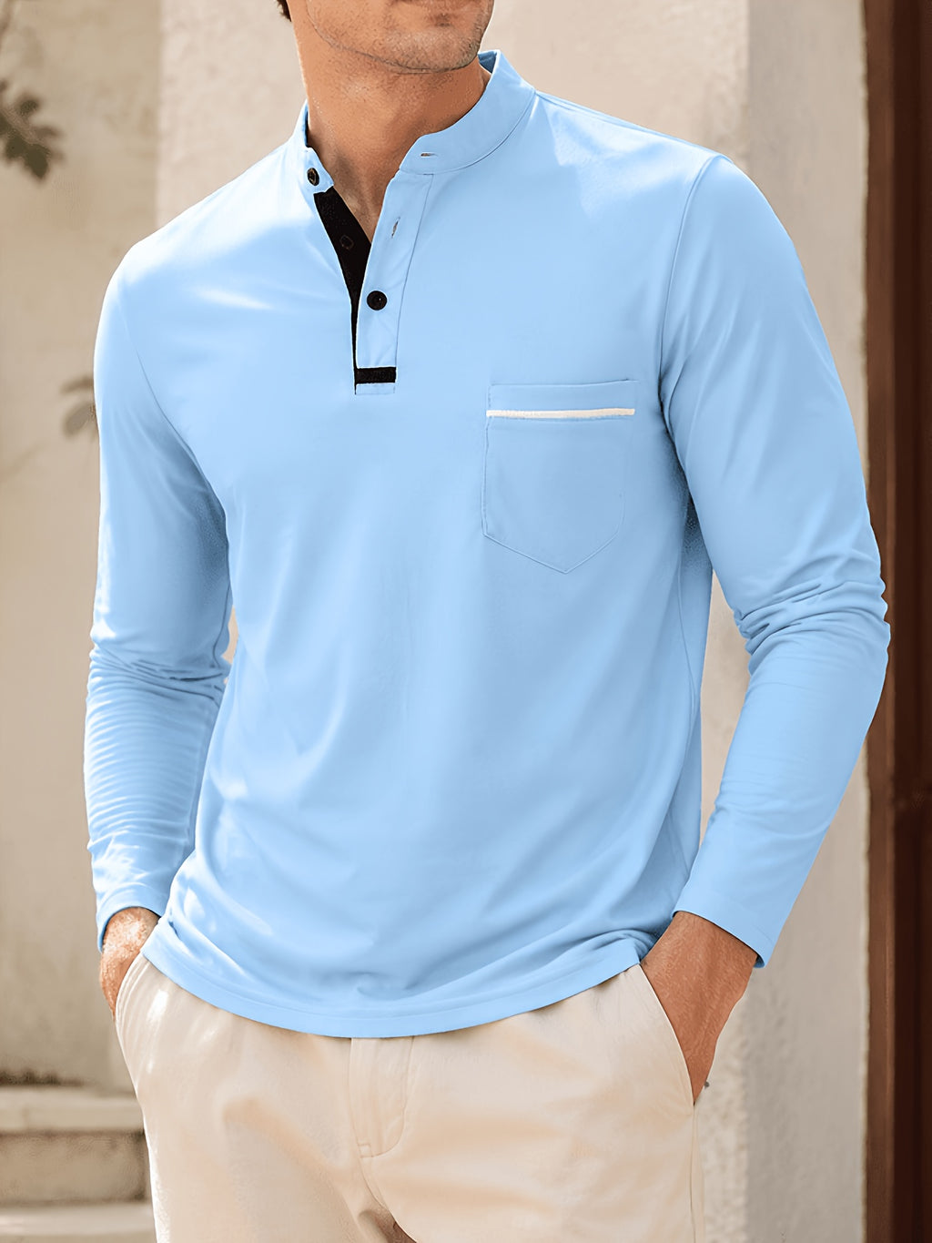 2pcs Men's Stand Collar Long Sleeve Henley Shirt, Casual Half-Button T-Shirt with Pockets, Lightweight and Breathable Stand Collar Pullover Top, Suitable for Daily, Office, and Outdoor Scenes - Light Blue + Military Green