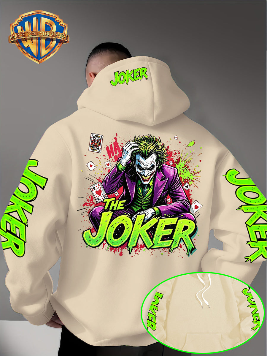 Official Warner Bros. Joker Comic-style Print Featuring Red and Green Ink-splatter Effects and "THE JOKER" Lettering. The Sleeves and Back of the Hood Are Adorned with Green "JOKER" Lettering. This Men's Trendy Printed Hooded Sweatshirt Features - Apricot