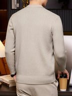 [Starry Prosperity] Autumn Winter Men'S Knit Solid Color Ribbed Open Cardigan Long Sleeve Casual Vertical Striped Lapel Sweater Jacket - Beige Color