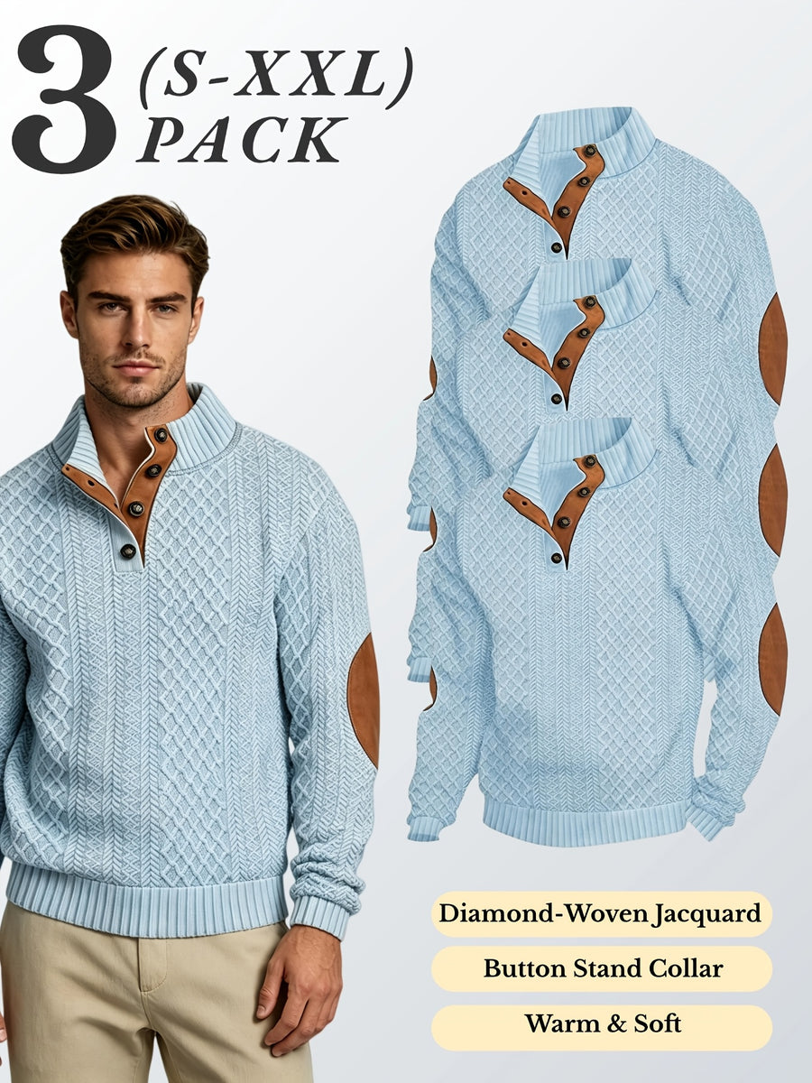 3pcs Men'S Textured Jacquard Knit Sweater Retro Casual Button-Up Stand Collar Long Sleeve Top for Autumn Winter Outing Home Versatile Basic Solid Color - Sky Blue 3