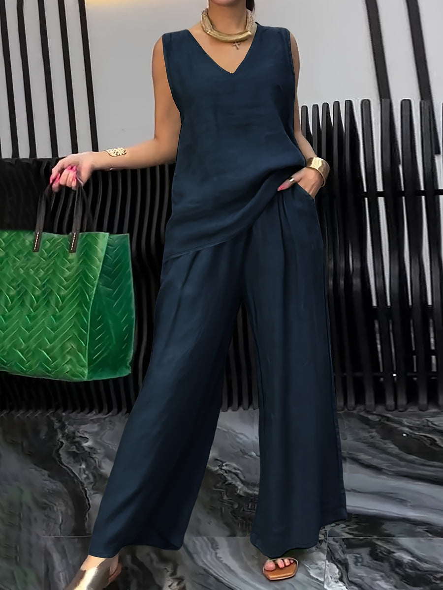 Women's Casual 2pcs Set Solid Color Loose Sleeveless V-Neck Tank Top + Wide-Leg Pants - Navy Color