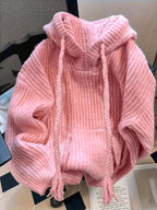 Hooded Chunky Cable- Sweater with Coarse Ribbed Texture, Tassels, Drawstring, Vertical Ribbed Detailing, and a Relaxed Fit. This Long-sleeve Pullover Features a Simple, Casual Design for a Laid-back and Effortless Look - Pink Color
