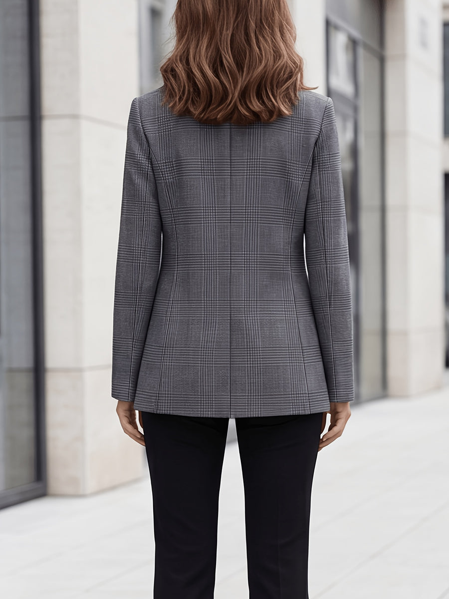 Fashionable Commuter Plaid Print Suit, Double-Breasted Waist-Cinching Blazer with Pockets and Lining - Light blue gray black