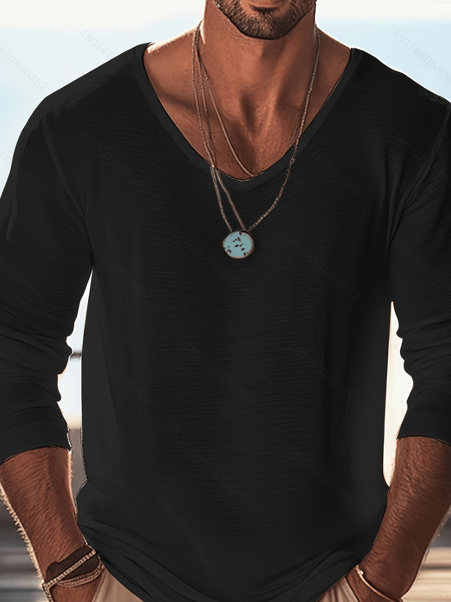 Men's V-Neck Long Sleeve T-Shirt, Black + Light Blue Thin Loose Fit Base Layer, Spring/Autumn Casual Breathable Top (2pcs) - Black+Sky Blue