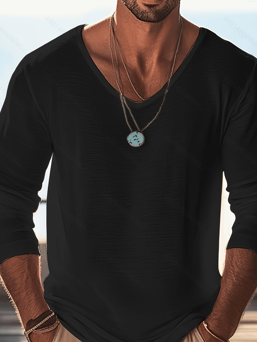 Men's V-Neck Long Sleeve T-Shirt, Black + Light Blue Thin Loose Fit Base Layer, Spring/Autumn Casual Breathable Top (2pcs) - Black+Sky Blue