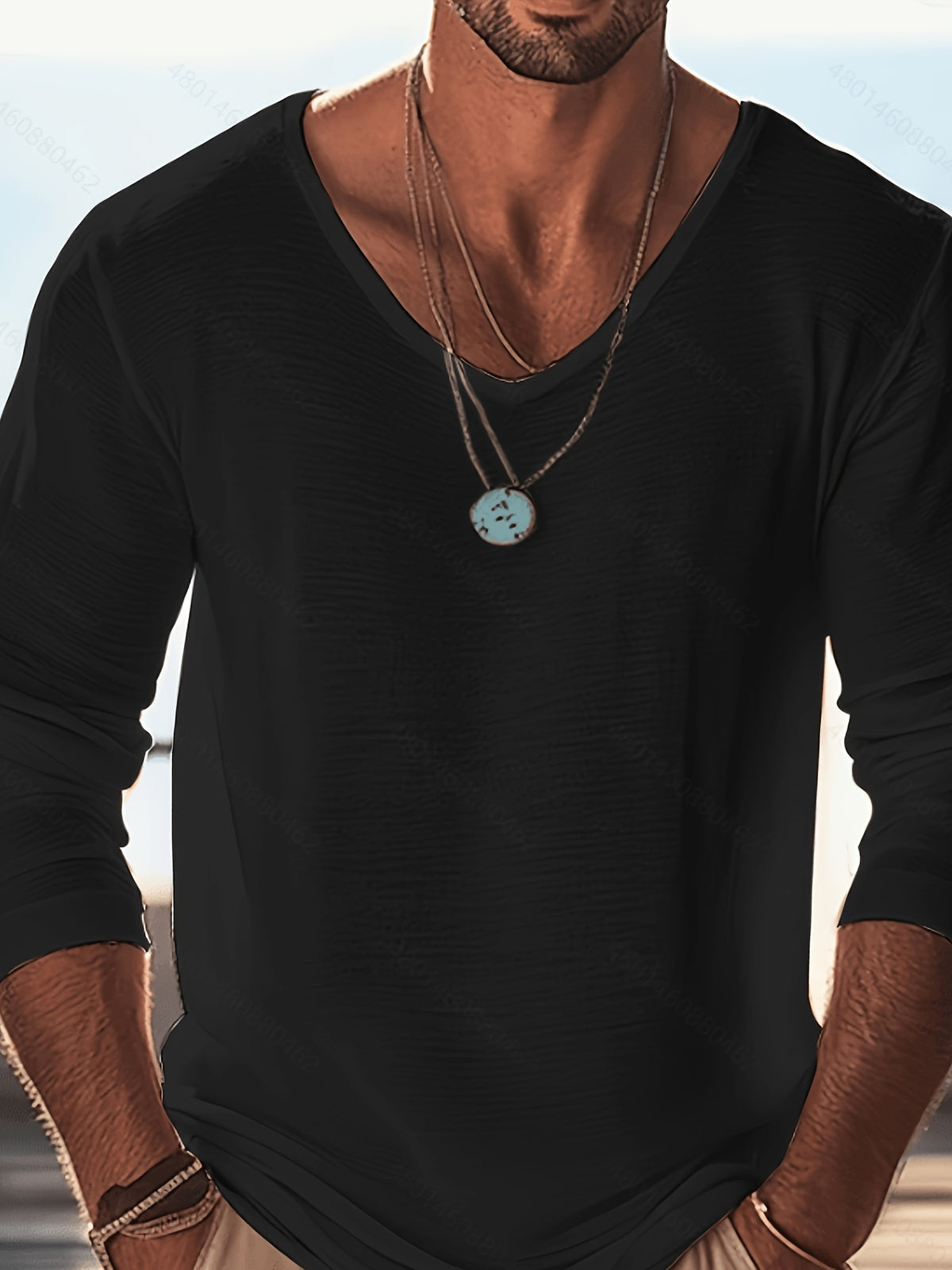 Men's V-Neck Long Sleeve T-Shirt, Black + Light Blue Thin Loose Fit Base Layer, Spring/Autumn Casual Breathable Top (2pcs) - Black+Sky Blue