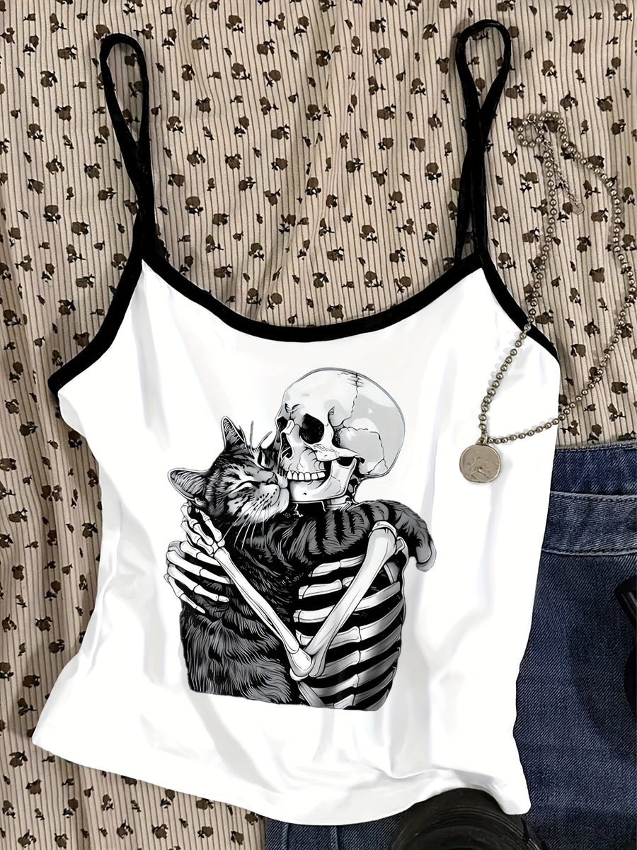 Casual and Simple Spaghetti Strap Tank Top with Skull, Cat, and Music Festival Prints, Perfect for Summer Vacations - White