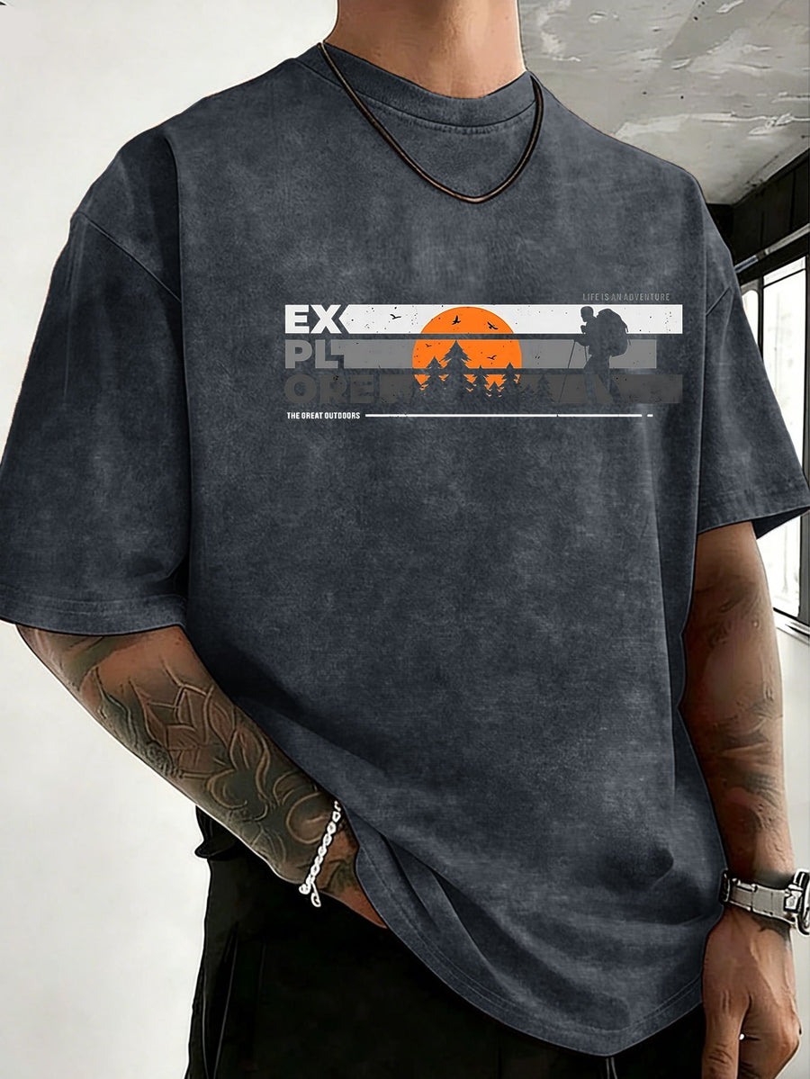 Short Sleeve T-Shirt Men'S Heavy Washed Distressed Loose Top Trendy Reversible Double-Sided Print Overbearing Flame Tiger Head Dark Trendy Print 12 Colors Random Match High Street Hip-Hop Style Daily Commute Fitness Couple Style Street Style Nationa - Navy Color