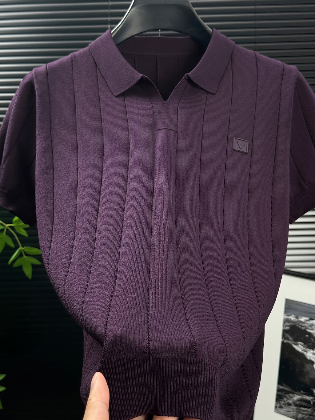 Men'S Knit Polo Shirt Short Sleeve V-Neck Vertical Stripes, Business Casual Spring Summer Commute Top, 1pc Multi-Occasion Ready - Purple