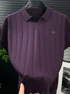 Men'S Knit Polo Shirt Short Sleeve V-Neck Vertical Stripes, Business Casual Spring Summer Commute Top, 1pc Multi-Occasion Ready - Purple