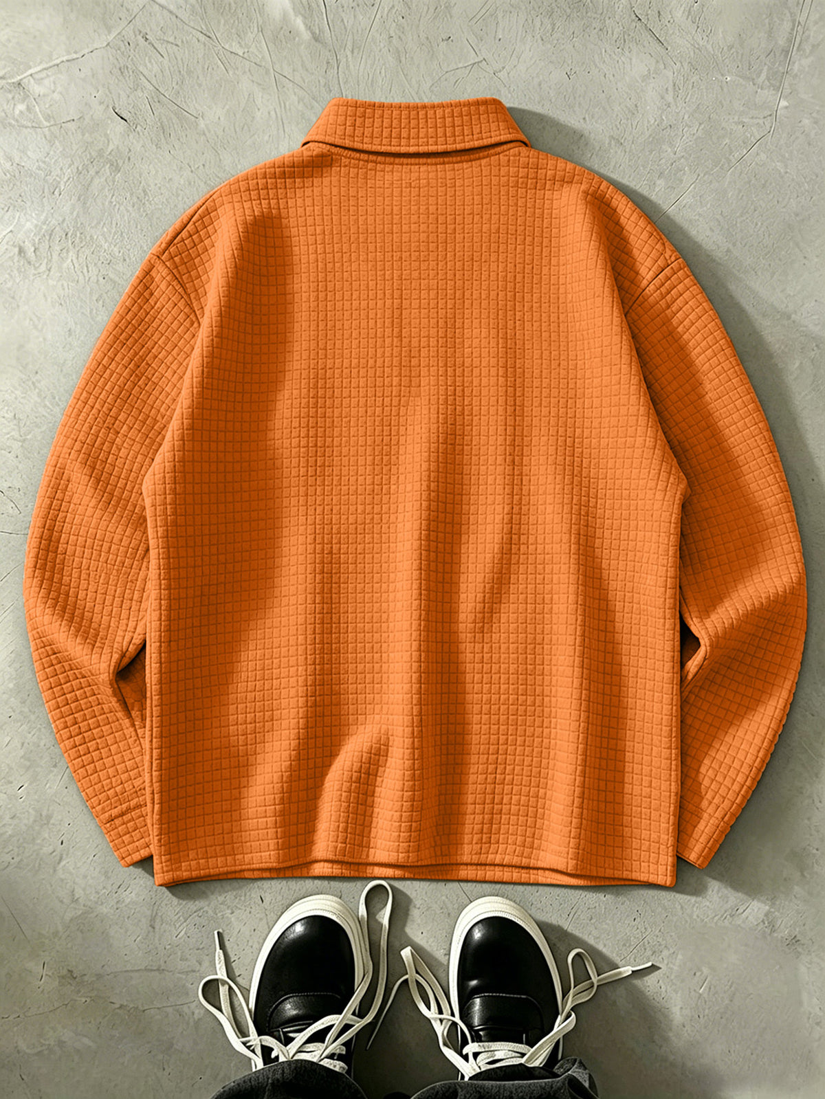 LOS ANGELES Men'S Half-Zip Fashion Waffle Texture Autumn Winter Casual Athletic POLO Shirt Sweatshirt, Street Style Versatile Trendy Long Sleeve Top - Orange