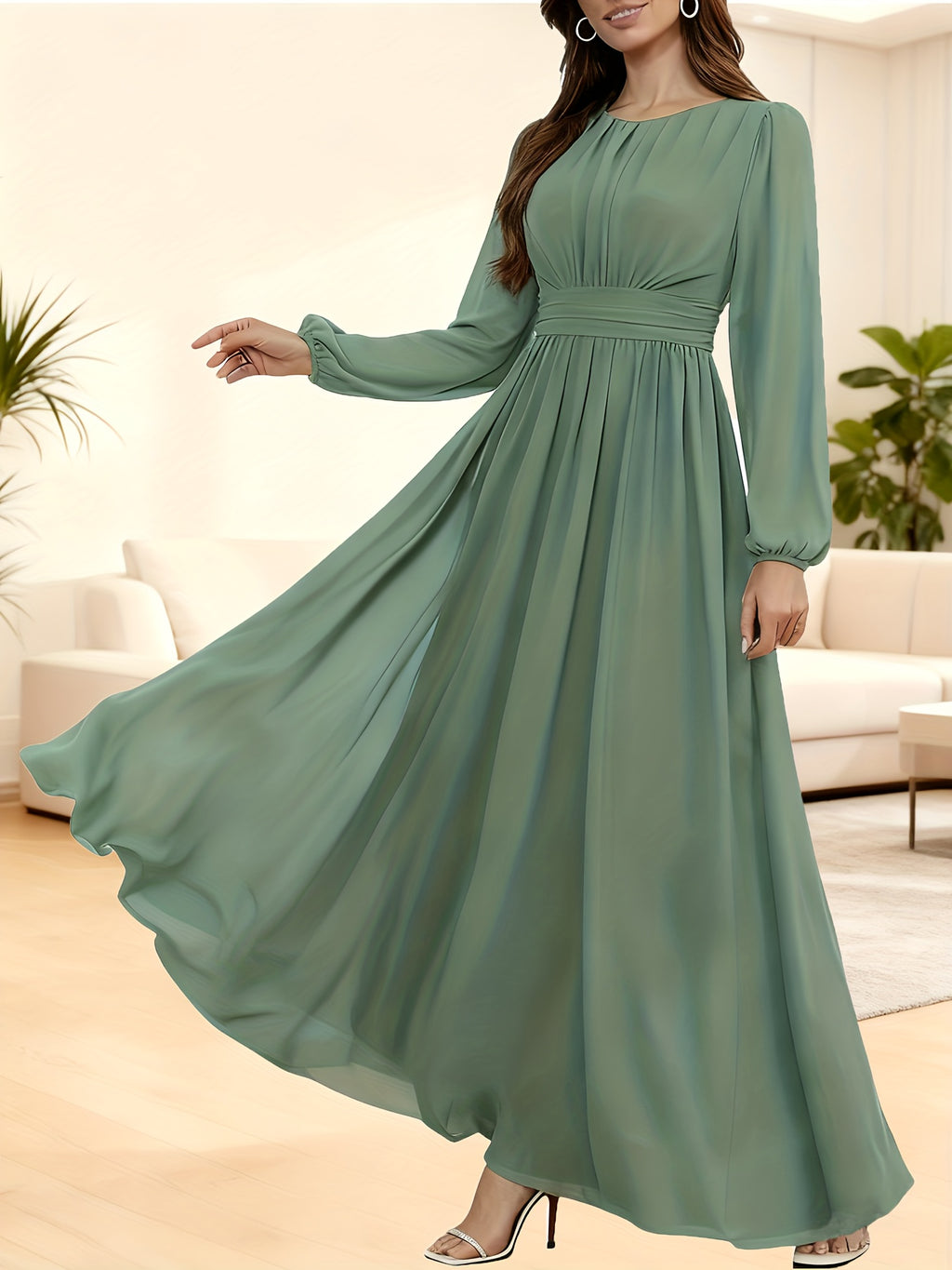 P373 French-Style Elegant, Dynamic, and Flowing A-Line Dress with Waist Cinching and Flared Hem, Suitable for Dates, Dinners, and Weddings, for Women and Bridesmaids - Green