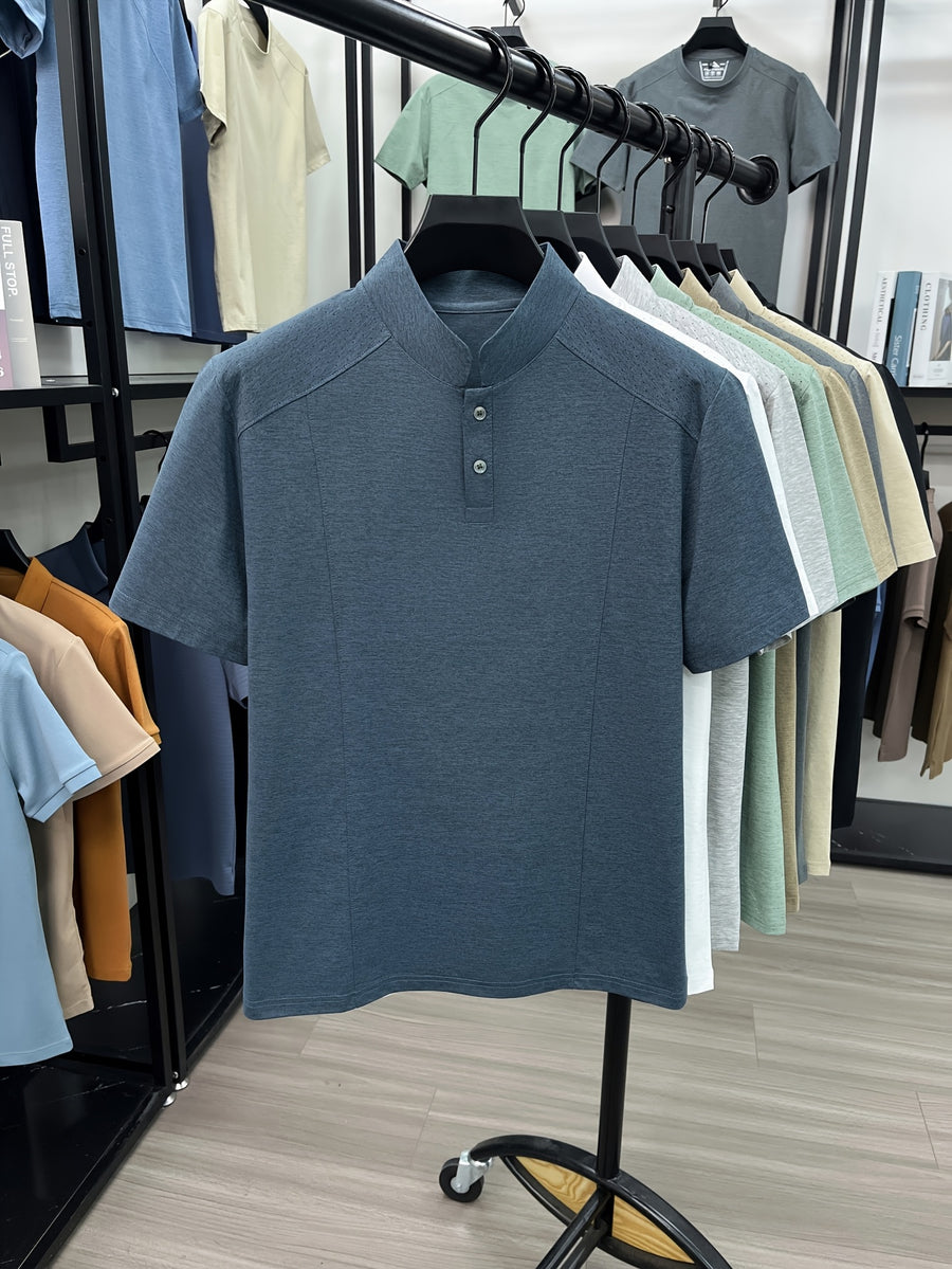 Men's New Summer Casual Stand Collar T-Shirt, Simple and Stylish Thin Breathable Versatile Short Sleeve Tee - Ha Qing