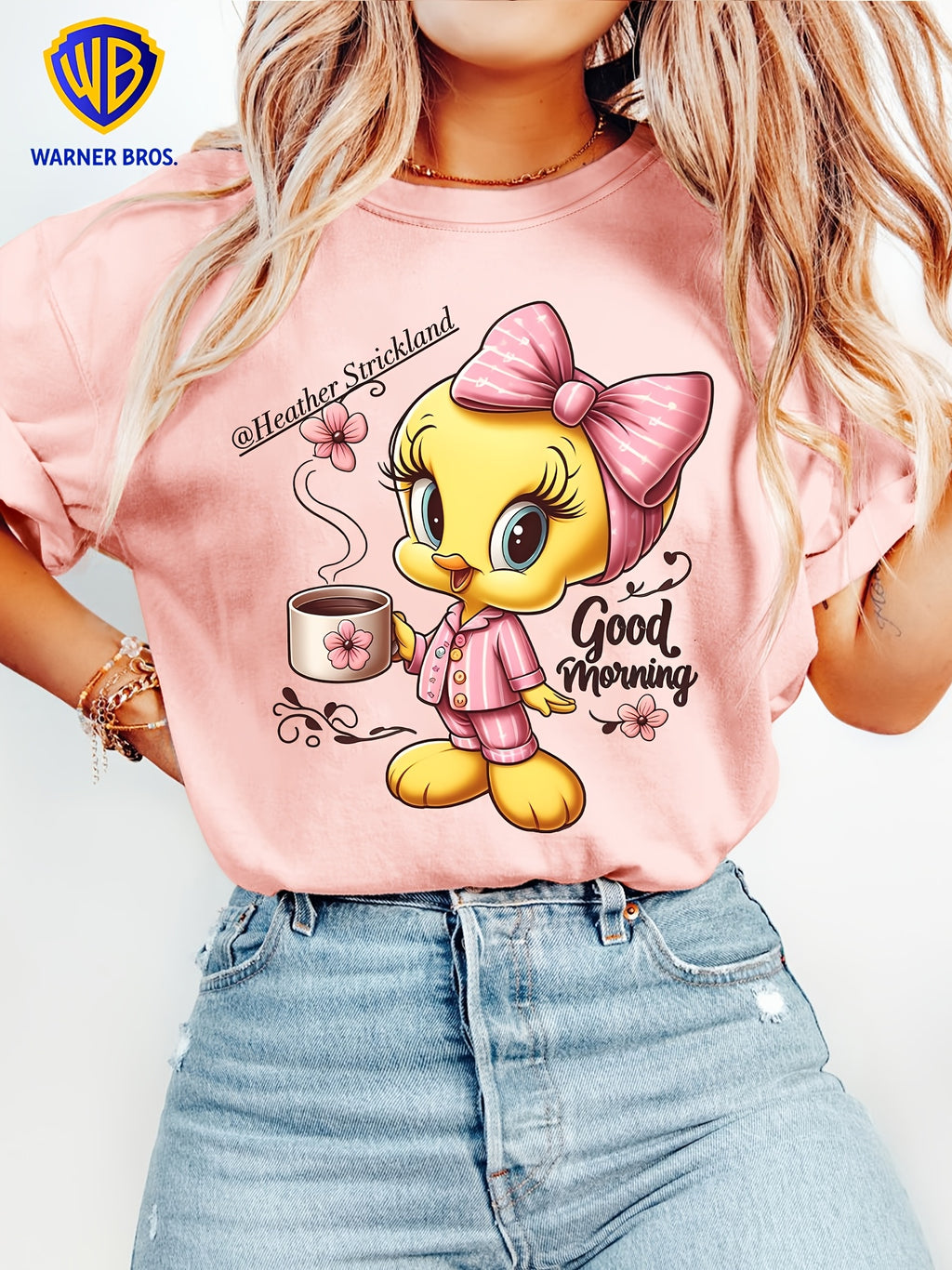Women'S Elegant Short Sleeve, Cui Di Good Morning Morning Coffee Style Print, Soft Stretch Round Neck Casual Retro Style Top, Warner Bros. Licensed, Suitable for Spring Summer Autumn Daily And Vacation Wear, S-XXL Size - Pink