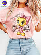 Women'S Elegant Short Sleeve, Cui Di Good Morning Morning Coffee Style Print, Soft Stretch Round Neck Casual Retro Style Top, Warner Bros. Licensed, Suitable for Spring Summer Autumn Daily And Vacation Wear, S-XXL Size - Pink
