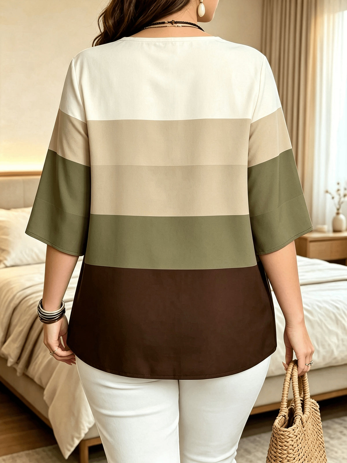 Printed Design – Not Textured. Women's Casual Button-Patch Colorblock V-Neck Three-Quarter Sleeve T-Shirt, a Perfect Gift for. - Mixed Color C