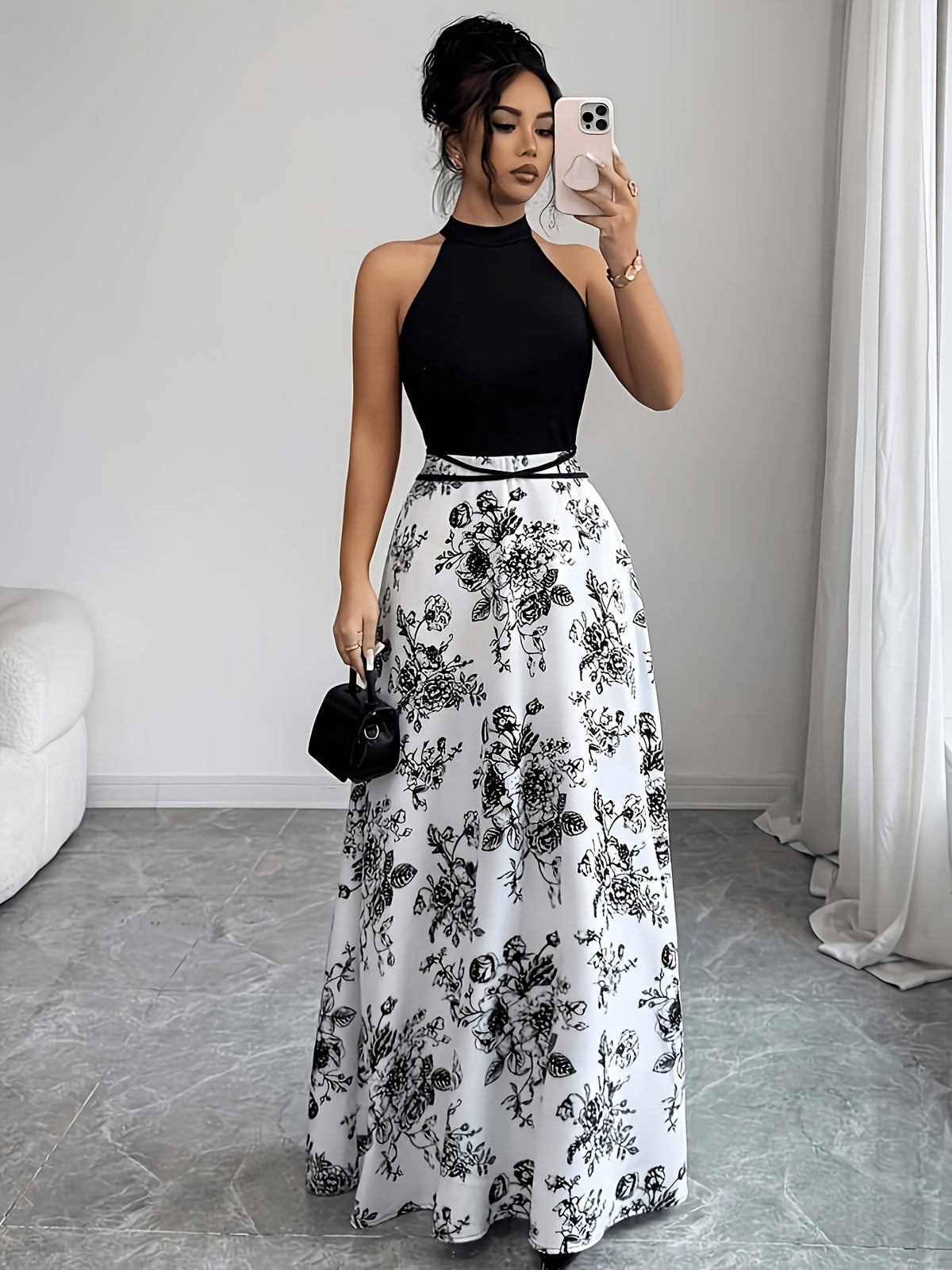 Neck-tie Sleeveless Top + Ink-wash Print Mid-length Skirt, Elegant and Graceful Waist-cinching Dress - Mixed colors
