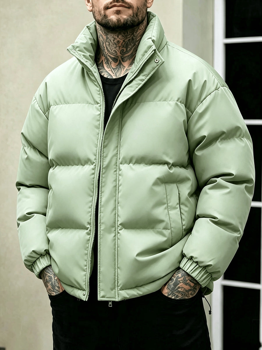 Men'S Stand-Collar Jacket Winter Loose Thick Warm Coat, Easy Casual Zippered Jacket - Light Green