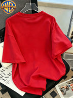 Official WB. Men's Short-sleeve T-shirt with Fun Cartoon Print, Joker Black and White Torn Cartoon Print, Crew Neck Top. Suitable for Men's Casual Summer Daily Commutes, Home, and Office Wear - Red