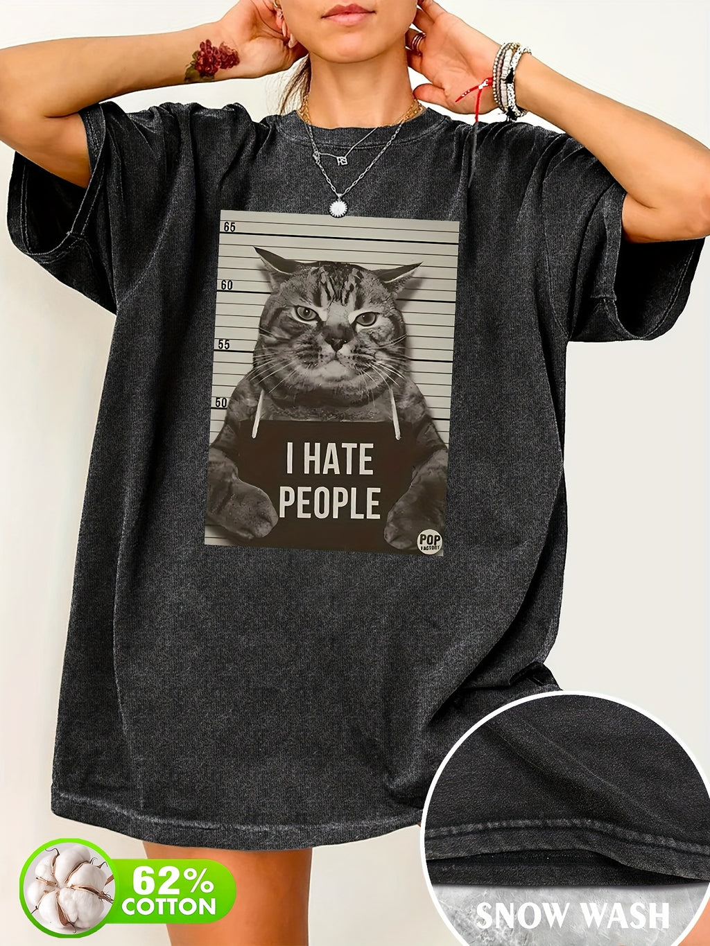 Cat Print Loose Round Neck Fashion Women's Wash Short Sleeve, Women's Clothing - Deep Grey