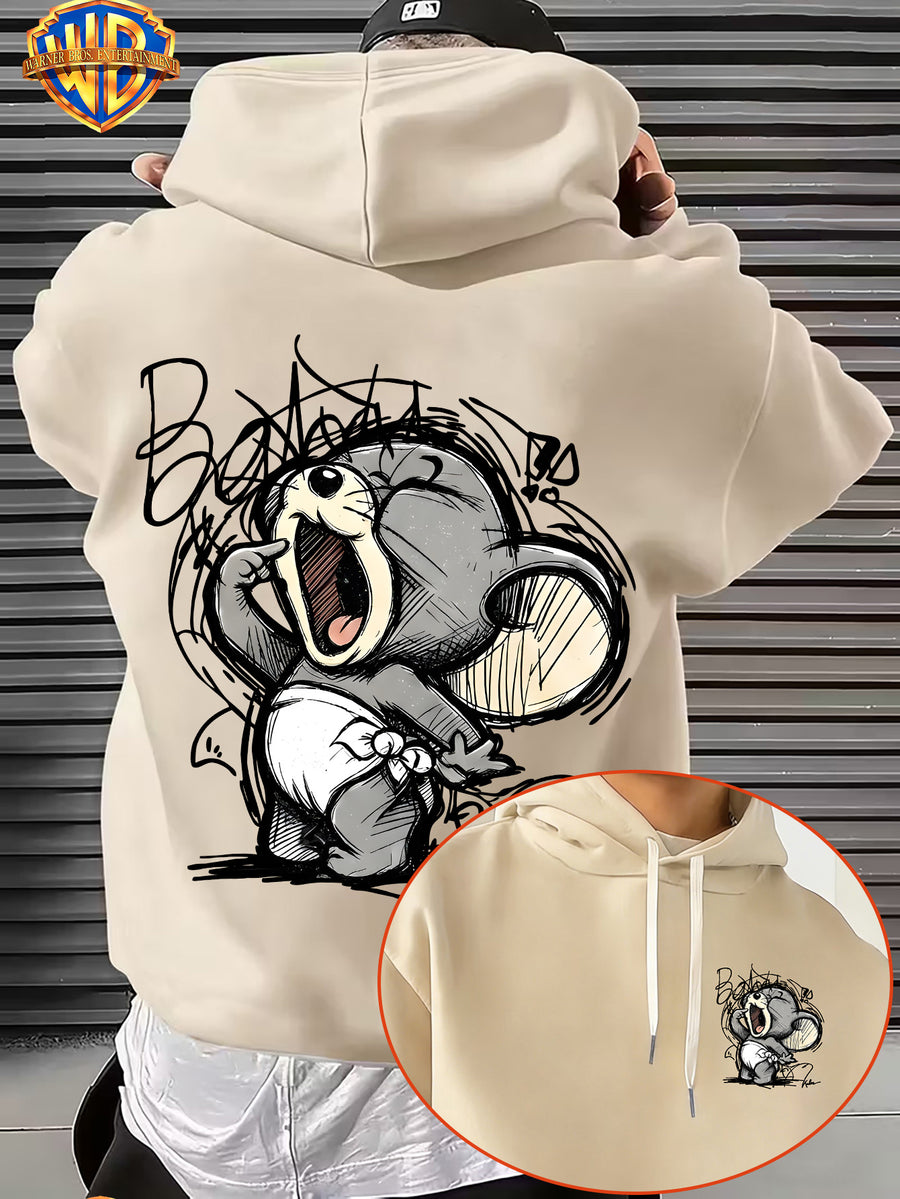 Warner Bros. Men's Fashion Hooded Sweatshirt with Cute American-Style Sketch Draft Small Animals, Wide-Mouthed Expressions, and Street-Style Handwritten Graffiti Font Print. Features Sleeve Print Design, Kangaroo Pocket, and Drawstring Hood - Apricot
