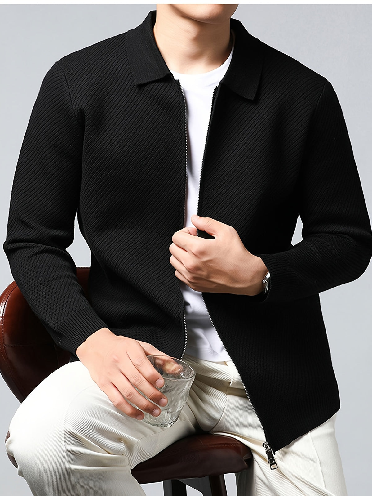 Men's Lapel Zipper Twill Knit Cardigan, Featuring a Classic Small Lapel Structure That Distinguishes It from Ordinary Crewneck Sweaters, Exuding a Sharp and Capable Business Aesthetic - SINBOS - Black