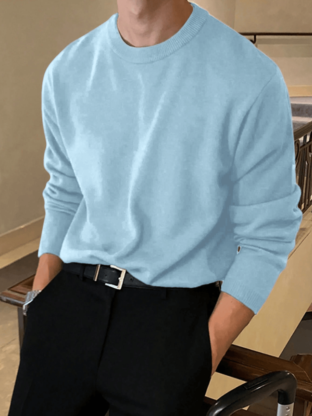 3pcs Men's Crew Neck Knit Sweaters, Autumn/Winter Versatile Solid Color Base Layers, Youth Simple Pullovers - Sky Blue + Coffee + Military Blue
