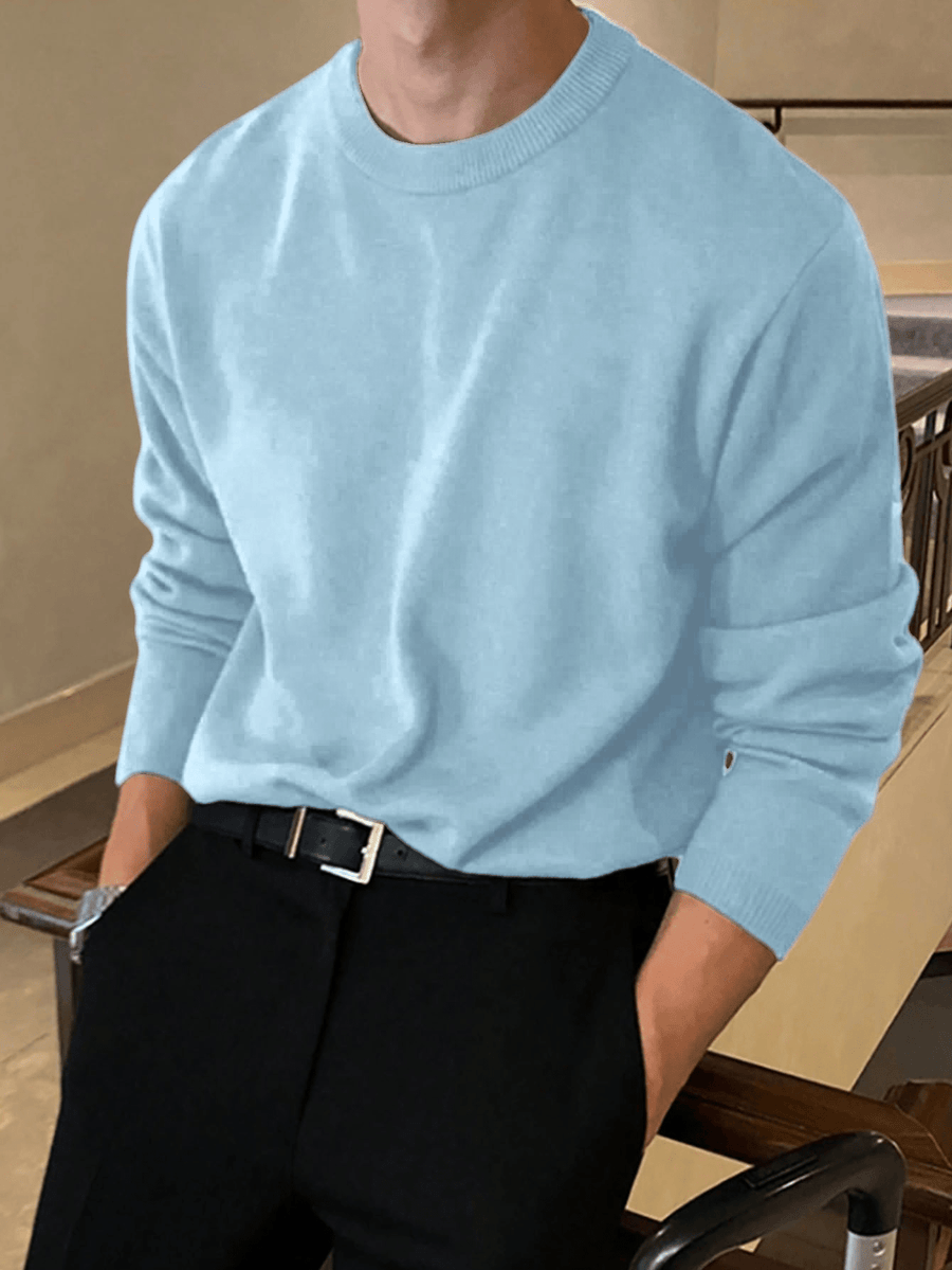 3pcs Men's Crew Neck Knit Sweaters, Autumn/Winter Versatile Solid Color Base Layers, Youth Simple Pullovers - Sky Blue + Coffee + Military Blue