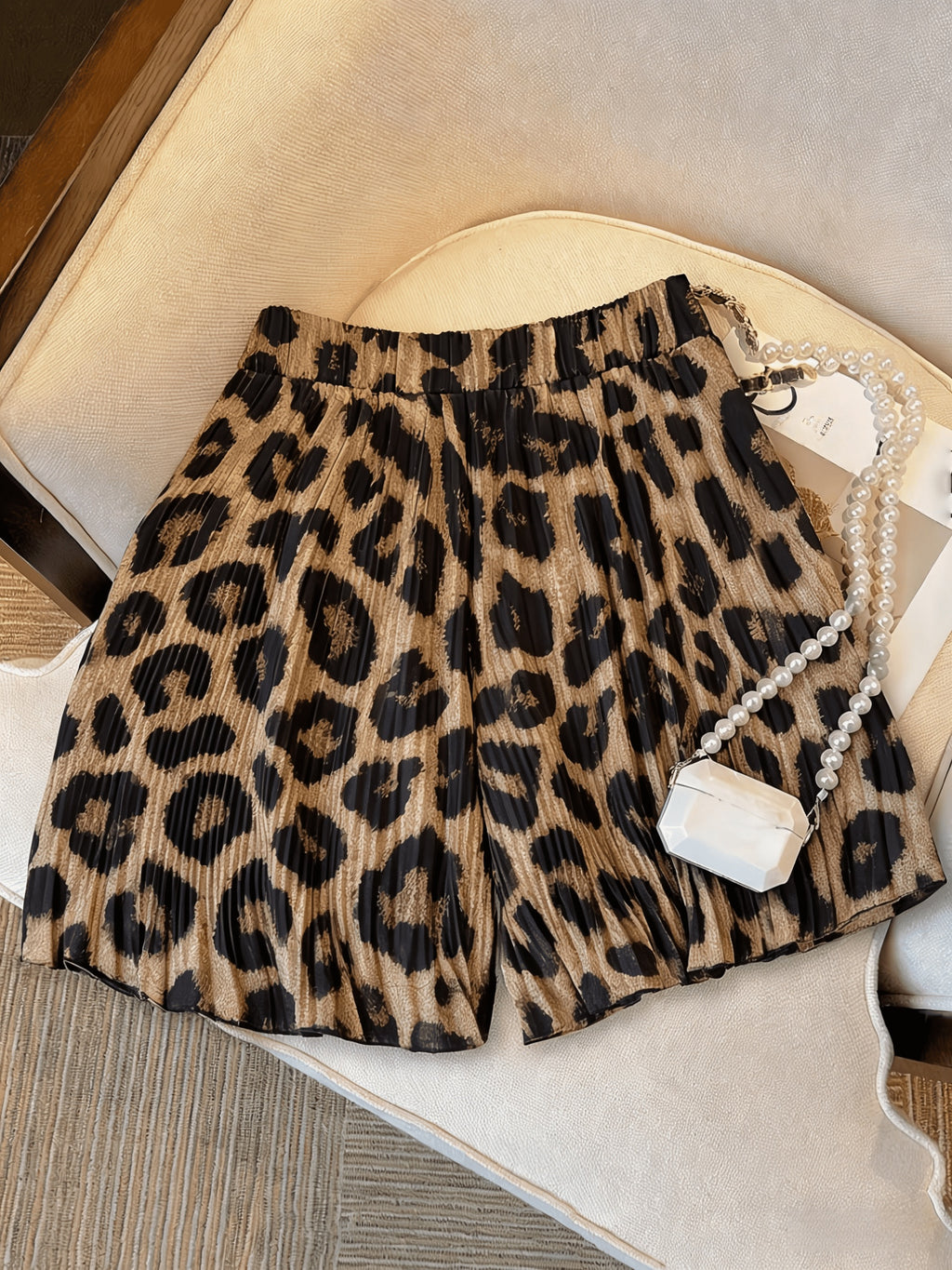 Summer Retro Leopard Print Pleated Wide-Leg Shorts Women High-Waisted Versatile Casual A-Line Pleated Hot Pants YYTT - Leopard Print