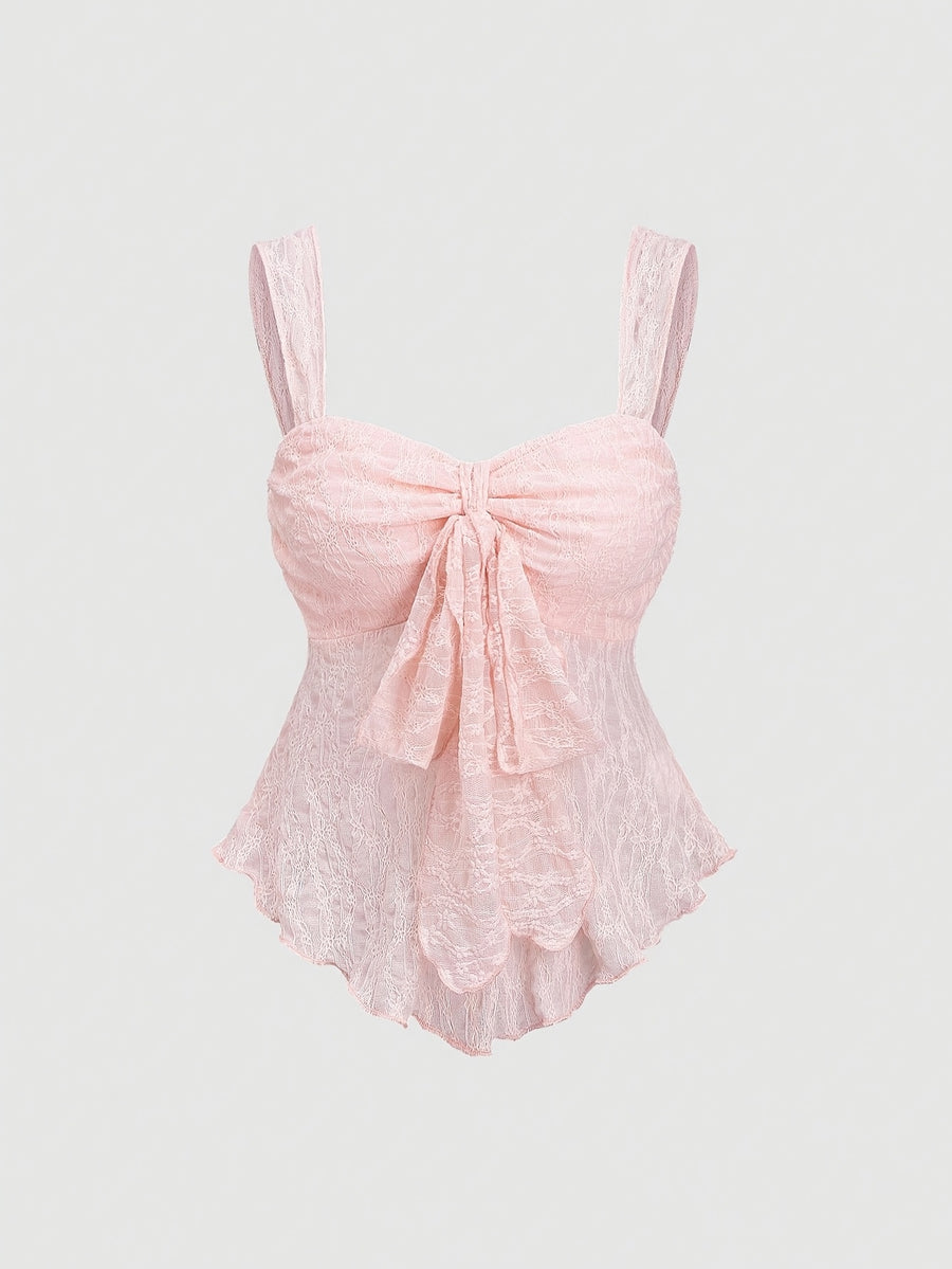 Women'S New Spring/Summer Wide-Strap Bow-Tie, Stretch Textured Fabric Top, Slim Fit, Sweet And Fashionable, Suitable for Dating, Daily Wear - Pink