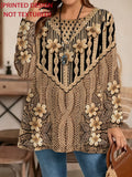 [Printed Design - Non-Real Texture] Women'S Plus Size Loose Round Neck Long Sleeve T-Shirt, Imitation Exquisite Floral And Cable Patterns, Vintage Beige-Caramel Color, Full of Detail And Ambiance. Loose Mid-Length Fit, Shaping And - Mixed colors