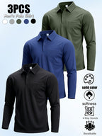 3pcs Men'S Long Sleeve Polo Shirt with Chest Pocket Design, Solid Color Quick-Dry Breathable Golf Polo Shirt, Soft And Smooth, Suitable for Spring And Autumn Wear, Lightweight Daily Commuting, Outdoor Sports, Business Basic Clothing - Black+Navy+Green