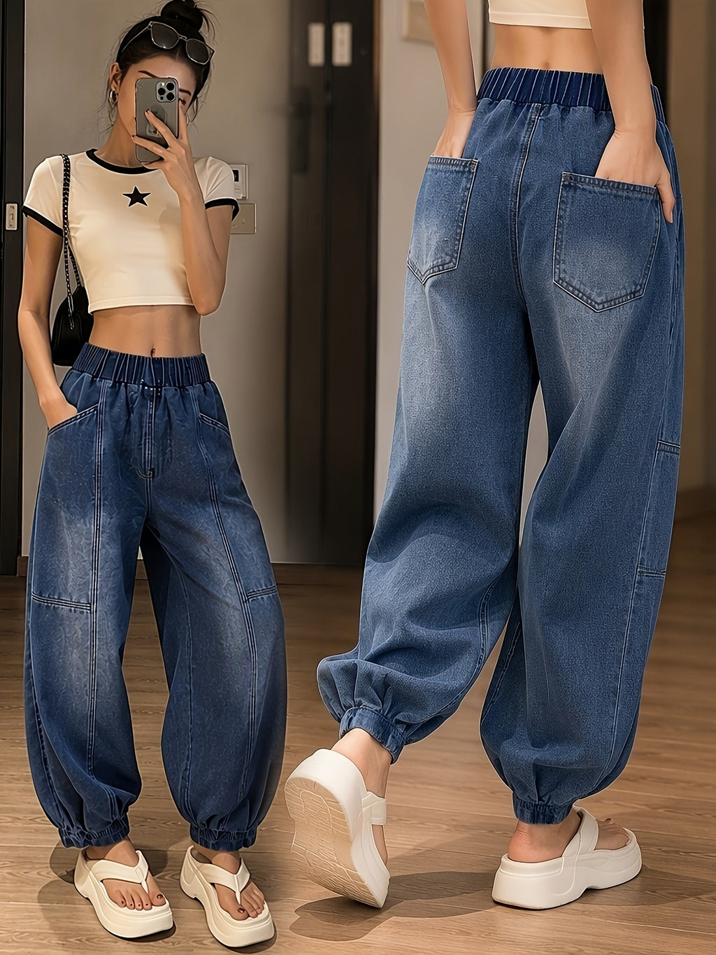 Women's High Waisted Balloon Jeans, Elastic Waist Baggy Denim Pants, Classic Blue Casual Jogger Jeans with Pockets, Relaxed Fit Cuffed Ankle Trousers - Medium Blue