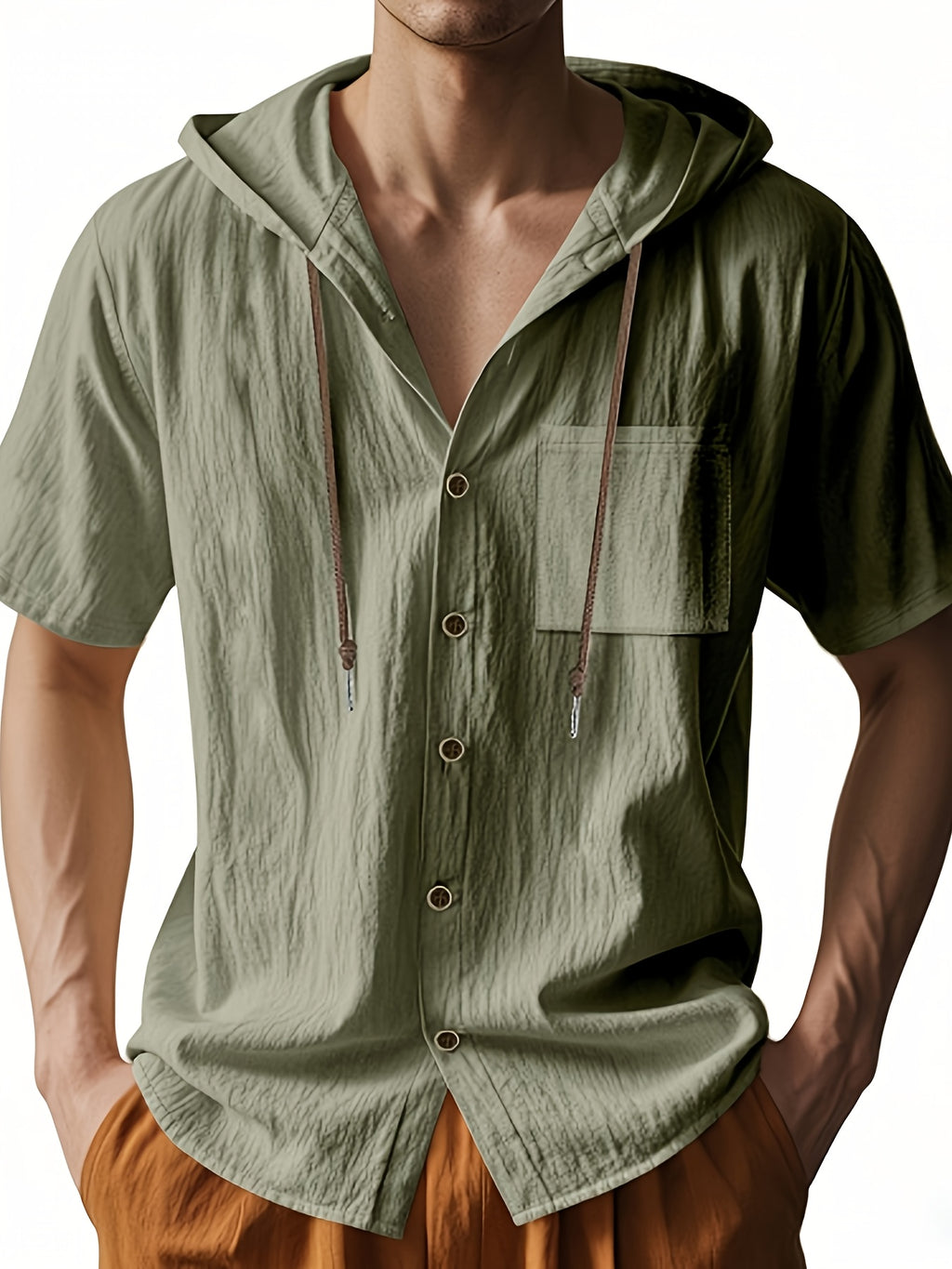 Men's Short Sleeve Hooded Shirt, Casual Button Hoodie Top with Chest Pocket, Lightweight Breathable Summer Shirt for Beach Vacation, Travel, Resort Wear, Outdoor Leisure, Streetwear Style and Daily Casual Outfit - Military Green