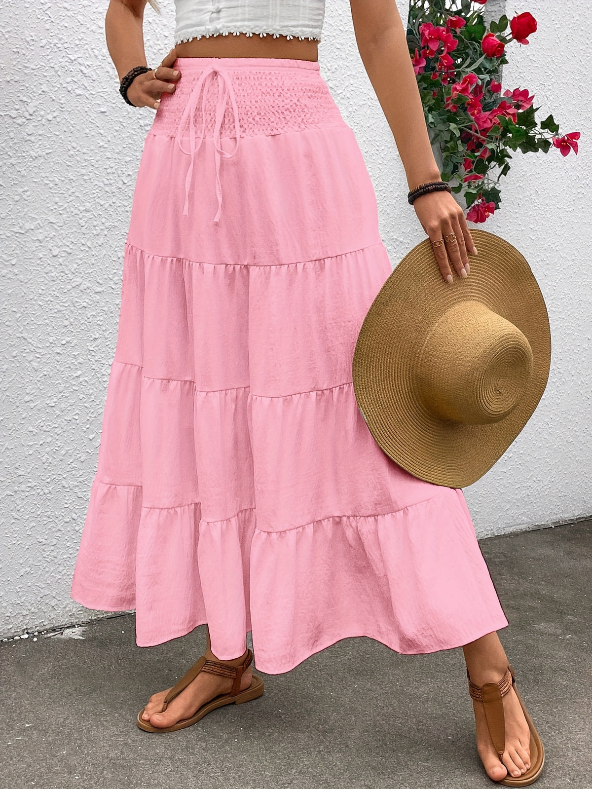 Women's elastic high-waisted ruffle A-line long skirt with drawstring design in Bohemian style. - pink color