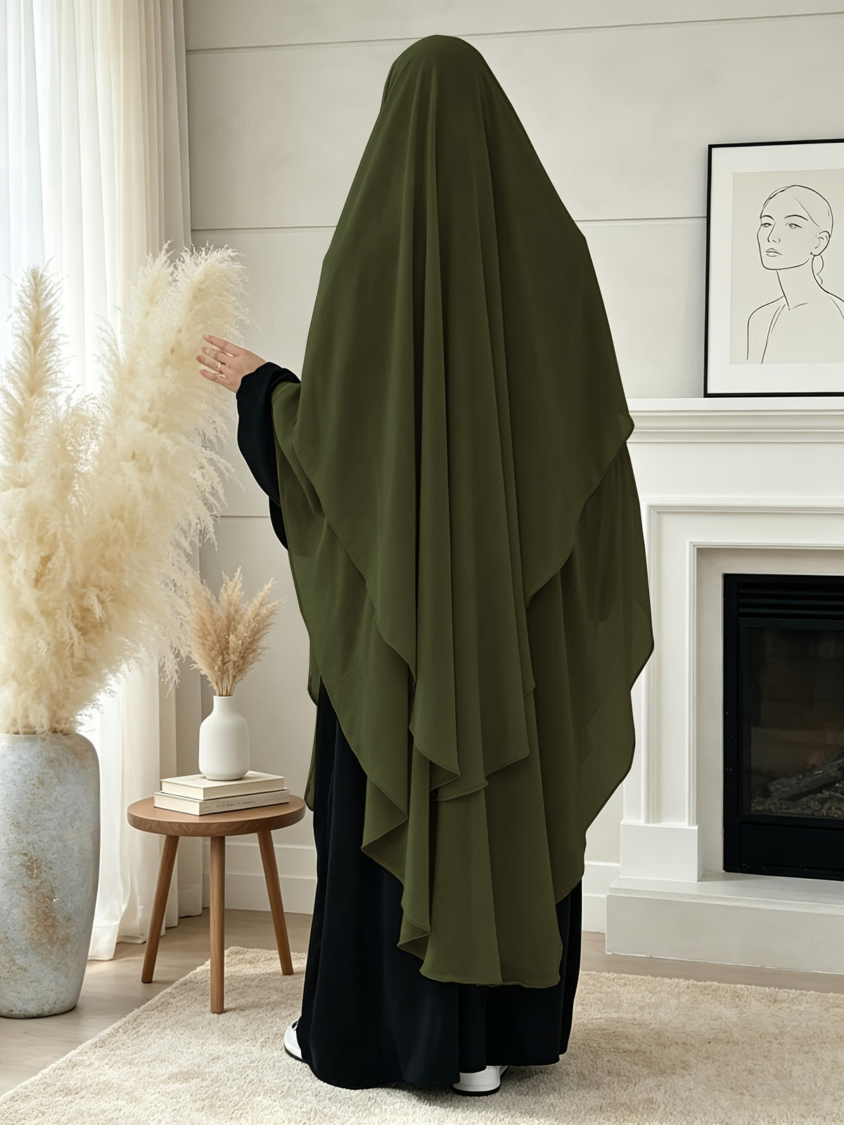 1pc High-Quality Pearl Chiffon Double-Layer Design Breathable And Private Kimmar Scarf Matching Any Abaya Women'S Daily Wear Prayer Use All Seasons - Olive Green