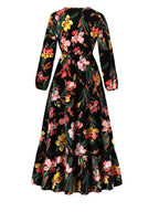 Elegant -Line Maxi Dress with Ruffle Hem & Floral Print - Loose Fit Round Neck Long Sleeve Dress Suitable for Beach Parties, Travel, Vacations, Spring/Autumn Outfits, Machine Washable Non-Stretch Blouse Style Dress - Black