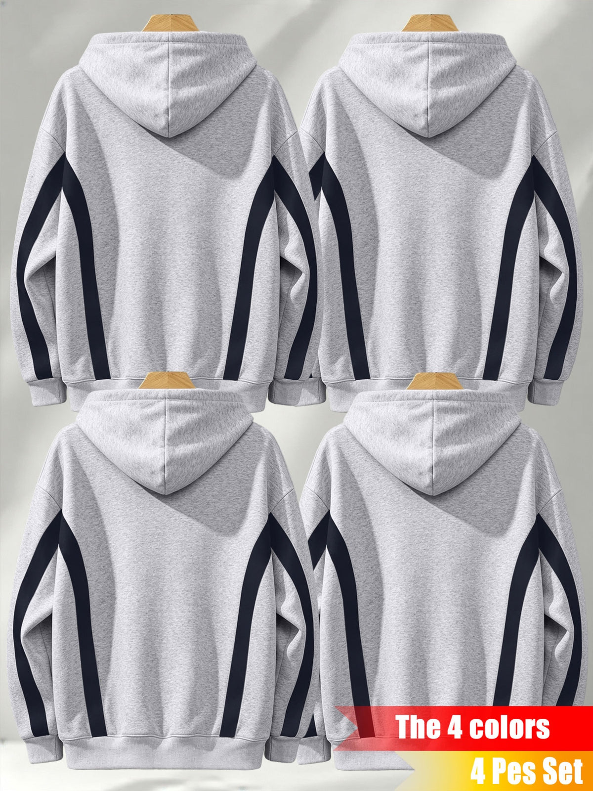 4pcs 2026 Autumn/Winter Men's Street Style Hooded Sweatshirt with Diagonal Contrast Color Line Cutting on Sleeves, Long Sleeves, Adjustable Drawstring, Large Capacity Kangaroo Pocket for Phone Storage, Skin-Friendly and Warm, Versatile Pullover - Gray+grey+grey+grey
