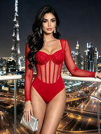 Spicy Clothing Women'S Party Bodysuit, Western Fashion Sexy V-Neck Sequin Hollow Out Slim Long Sleeve Jumpsuit with Underwire Fishbone Bustier, Autumn Top Suitable for Holiday Parties - Burgundy
