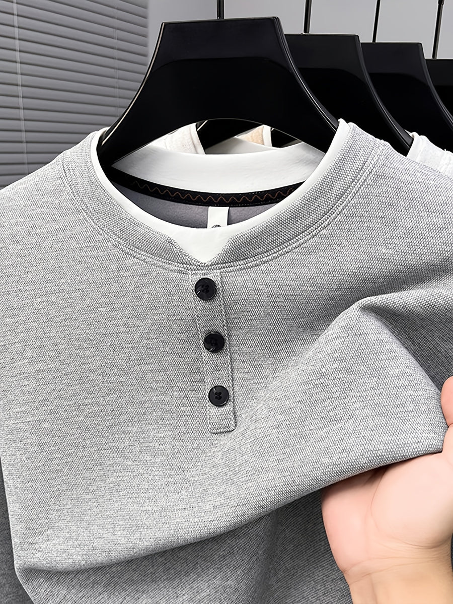 Men'S 3-Button Round Neck Faux Two-Piece Spring/Autumn Solid Color Sweatshirt, Regular Shoulder Long Sleeve Pullover, Spring/Autumn Season, Wearable As Single Piece Or Layering Piece - SINBOS - Light Grey