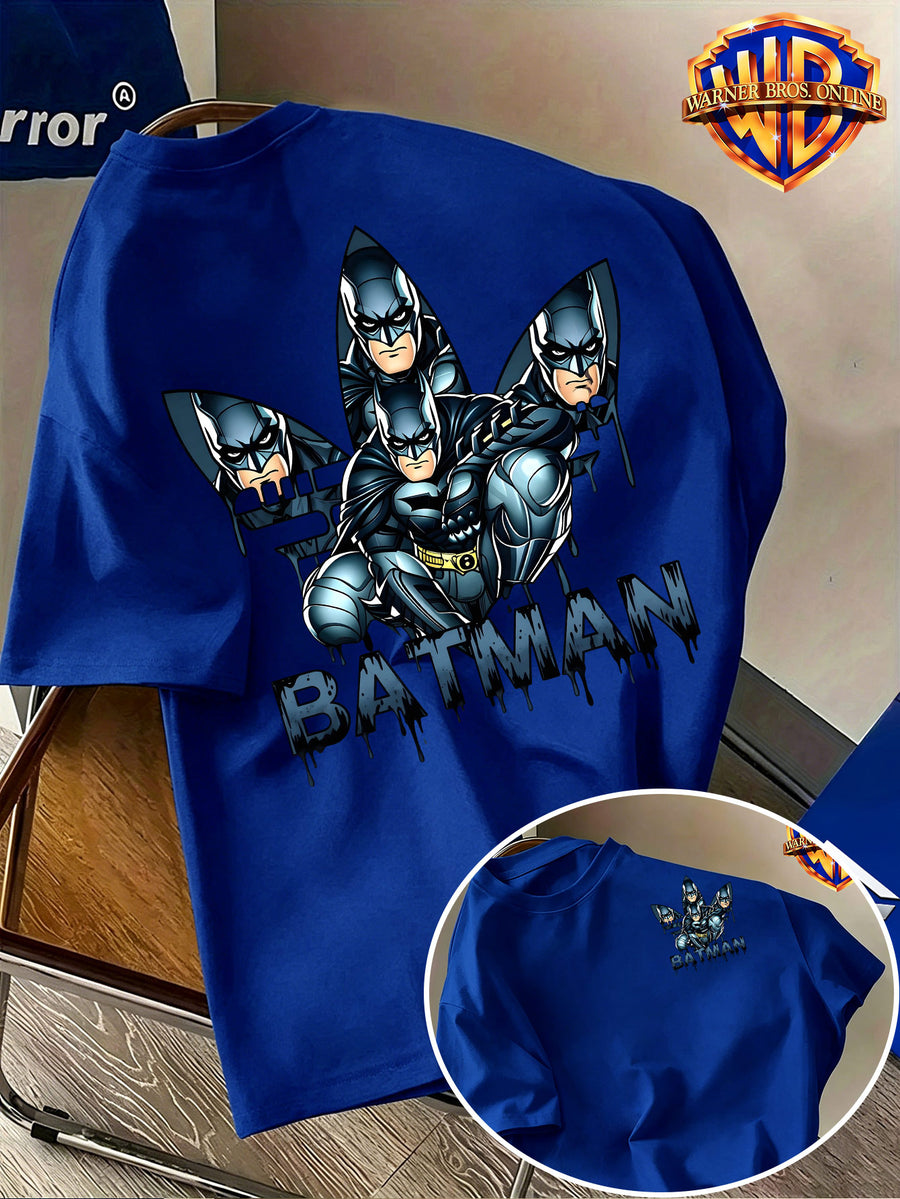 Warner Bros. Authentic Unisex 100% Short-Sleeve T-Shirt, American Street Party Illustration Short Sleeve, Hero-Themed Double Print, Exquisite Chest Graphic with Multi-Character Combination on the Back, Graffiti Drip Ink Lettering Details, Cool-Toned - Royal Blue