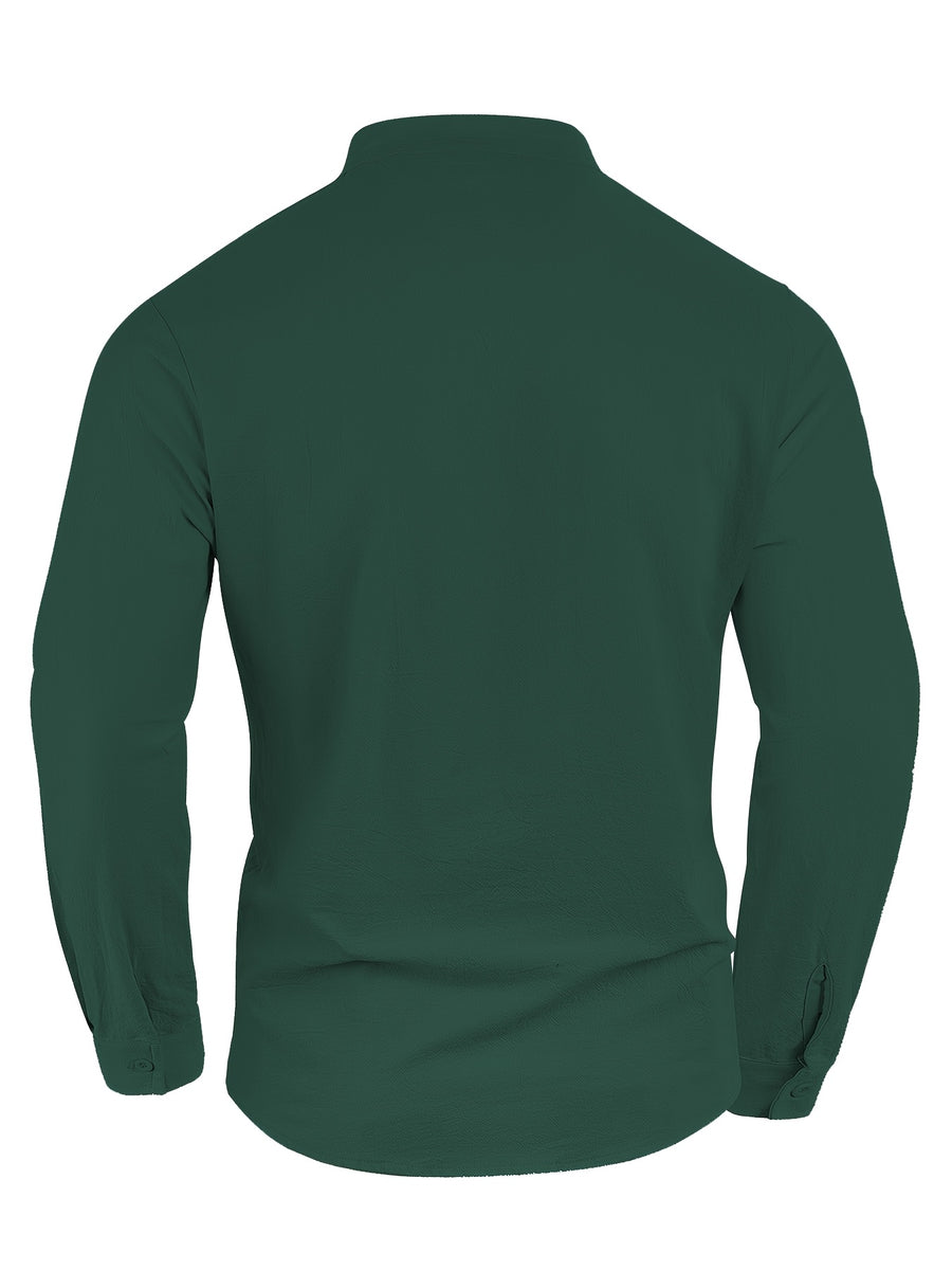 Men'S Linen Material Small Lapel Design Half-Open Button-Up Pullover Style Solid Color Casual Long Sleeve Shirt Suitable for Vacation Travel And Other Activities - Olive Green