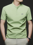 Maqiqi OBM Men's Chinese Style Henley Shirt - Breathable Short-Sleeve -Front Collar Polo, Half-Open Placket Stand Collar Tunic for Business Casual Wear, Layering Base Layer Top Suitable for Office, Golf, Running Gift - Fruit Green