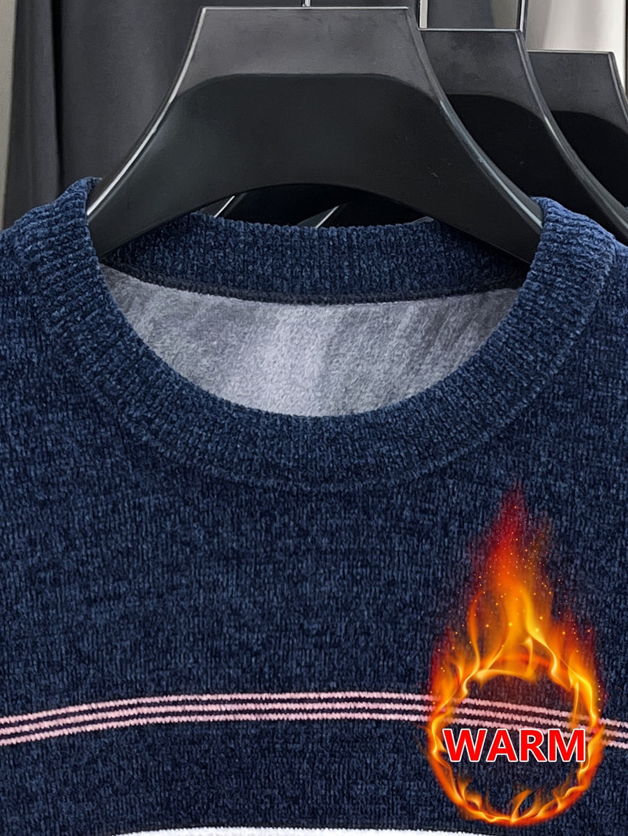 Minimalist Urban -Lined Crewneck Knit Sweater for Warm Daily Commuting - pink