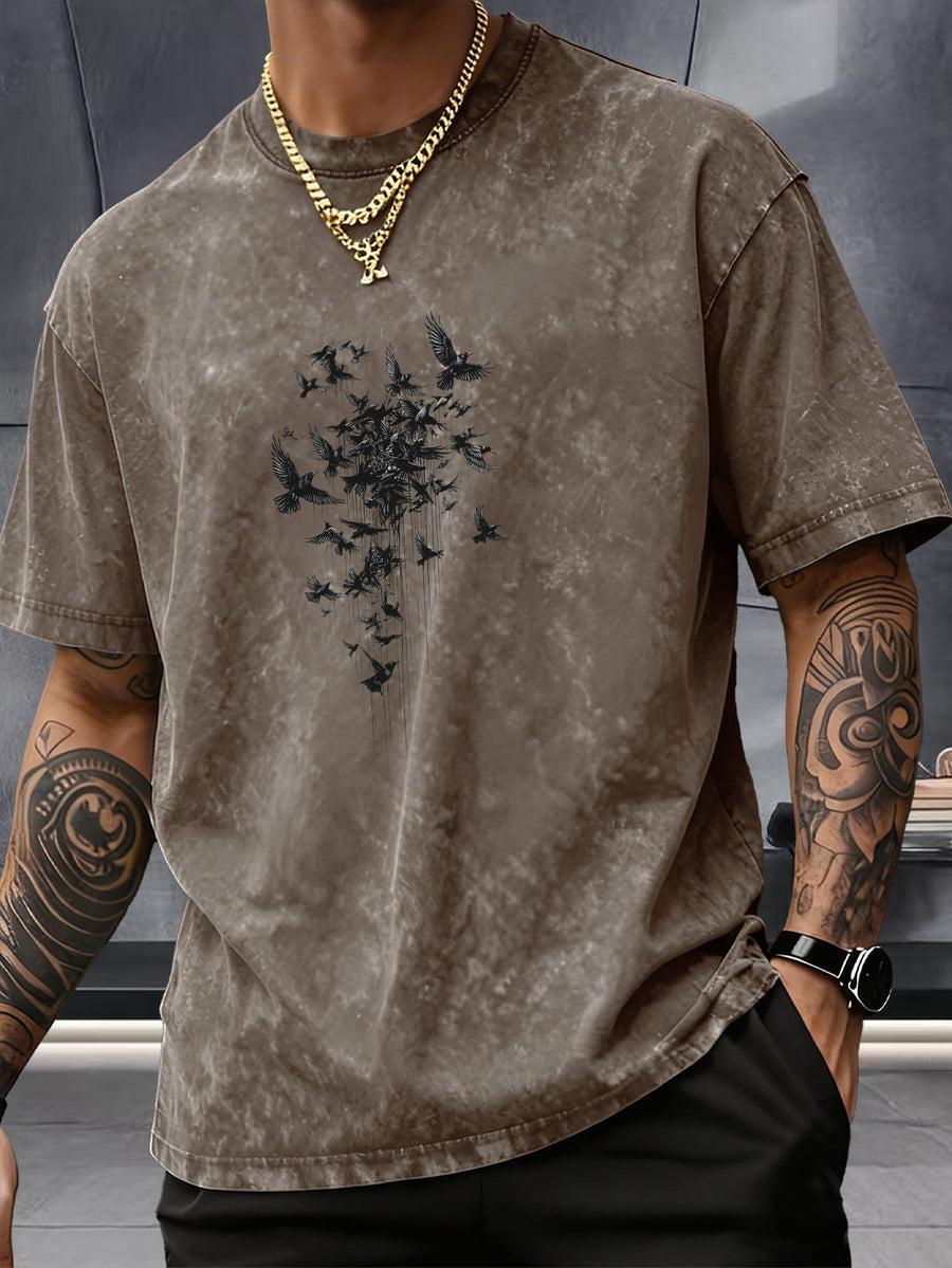 Short Sleeve Top, Pure Washed Distressed Loose Short Sleeve, Raven Flying Bird Front And Back Trendy Print Casual Match, American Street High Street Hip-Hop Couple Style, Daily Outing Commute Sports Fitness Street Style Y2K National Trend T-Shirt - Brown