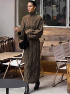 Women's Elegant Vintage Maxi Dress with High Neck & Twisted Rope Neckline - Loose A-Line H-Line Long Sleeve Dress for Fall/Winter Weddings, Parties, Special Occasions - Solid Color Dress in traditional fitting (No Padding/) - Coffee Color