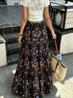 Women'S Autumn Vacation Country Style Floral Long Half Skirt, Commute Daily, Outing Wear, with Drawstring Detail, Spring Summer Fall Winter All Seasons - Polychrome